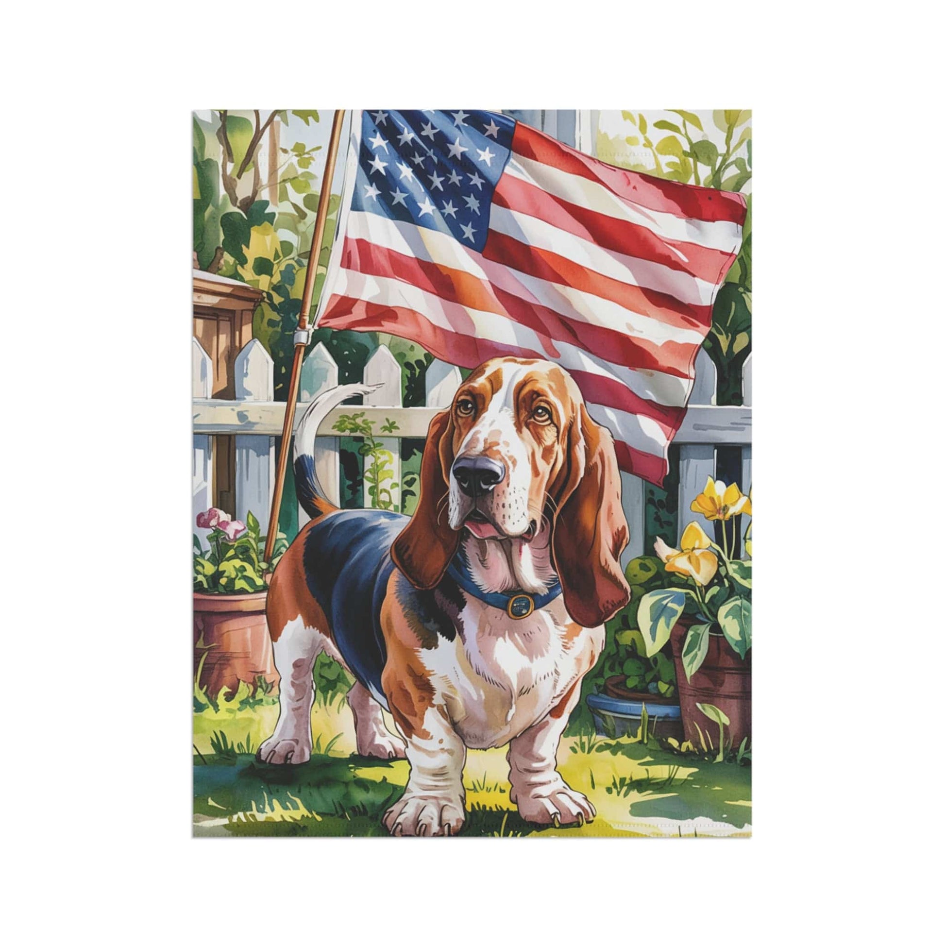 Printify Home Decor Basset Hound Dog Garden Flag, 4th of July, US Flag Yard Outside Decor, Patriotic
