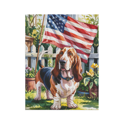 Printify Home Decor Basset Hound Dog Garden Flag, 4th of July, US Flag Yard Outside Decor, Patriotic