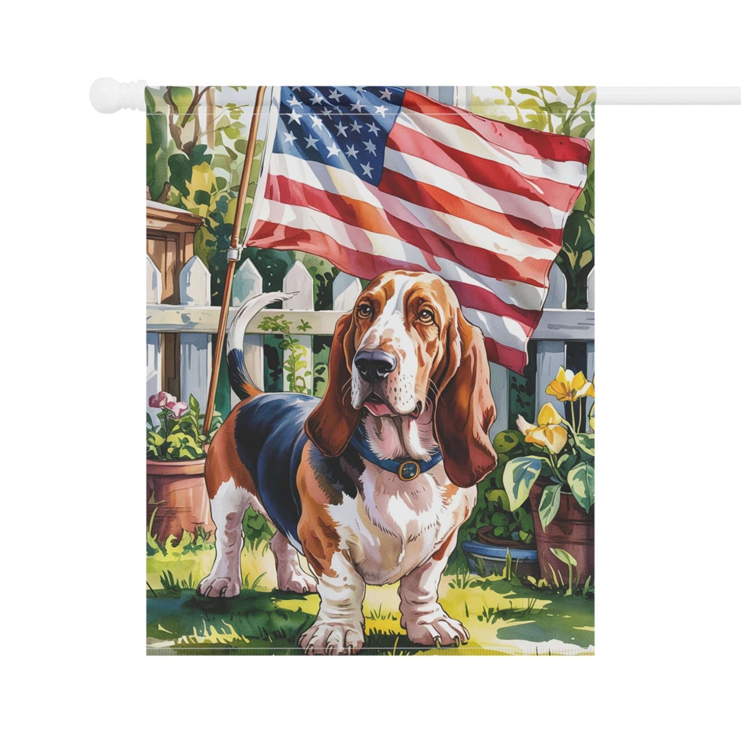 Printify Home Decor Basset Hound Dog Garden Flag, 4th of July, US Flag Yard Outside Decor, Patriotic