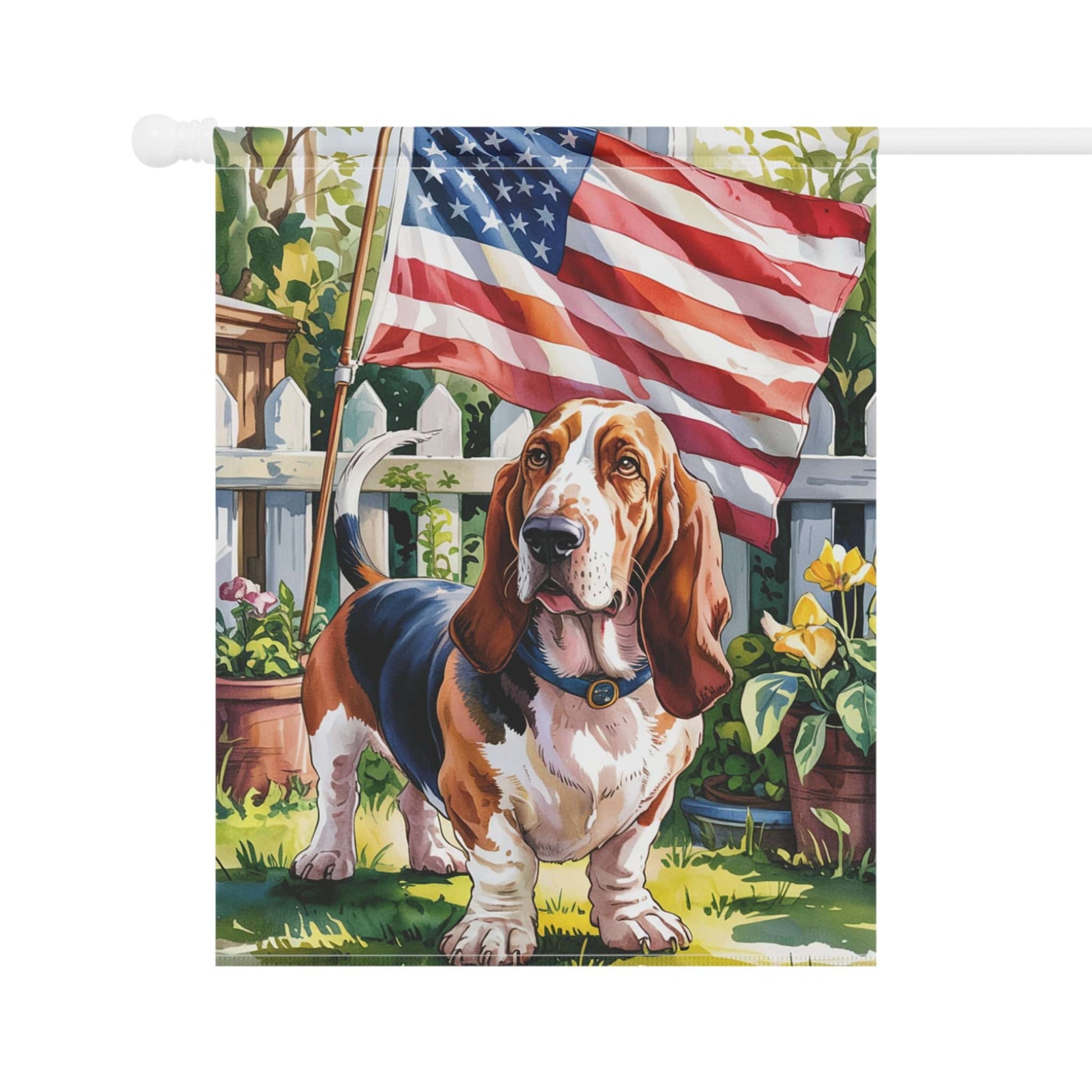 Printify Home Decor Basset Hound Dog Garden Flag, 4th of July, US Flag Yard Outside Decor, Patriotic