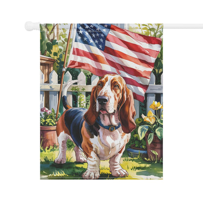 Printify Home Decor Basset Hound Dog Garden Flag, 4th of July, US Flag Yard Outside Decor, Patriotic