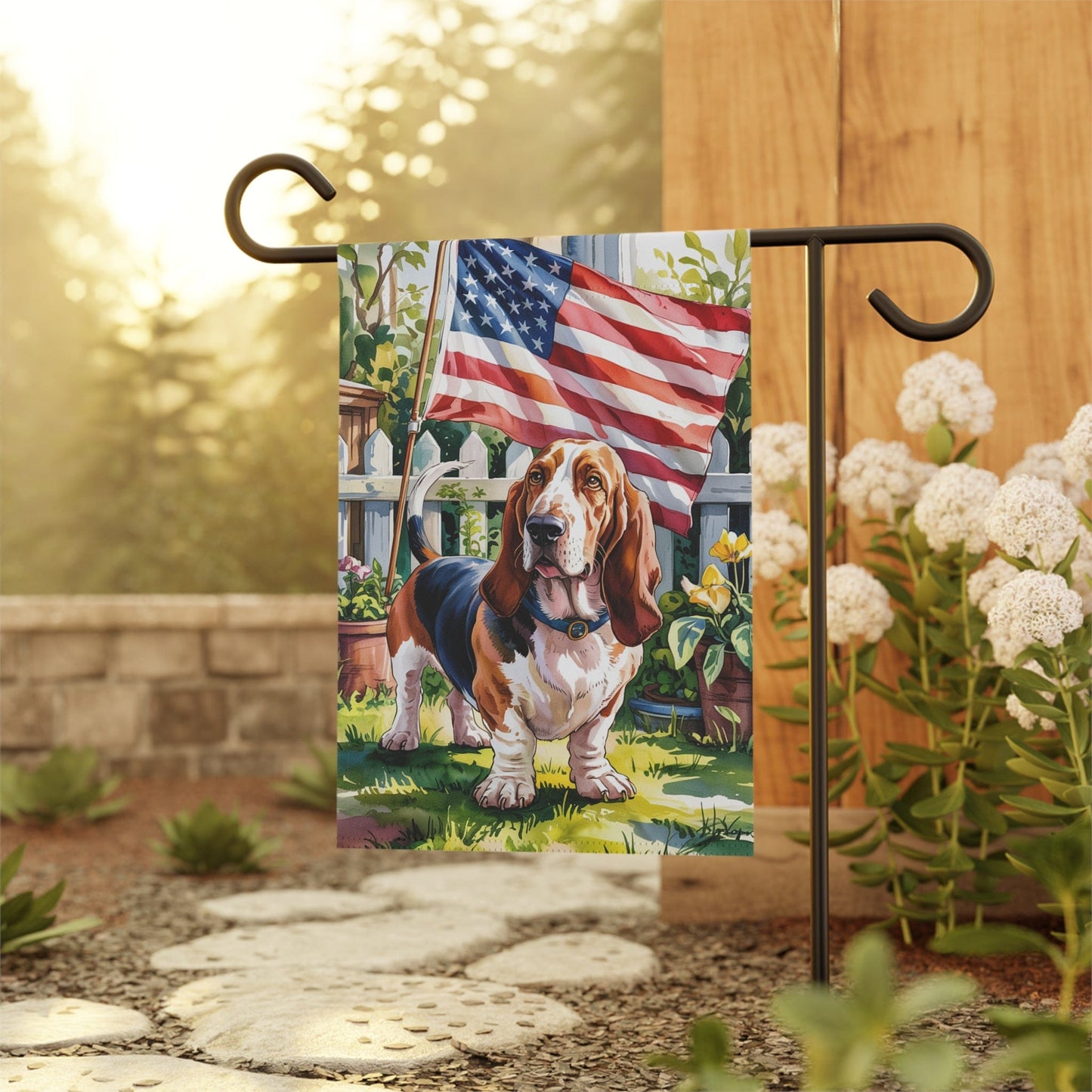 Printify Home Decor Basset Hound Dog Garden Flag, 4th of July, US Flag Yard Outside Decor, Patriotic