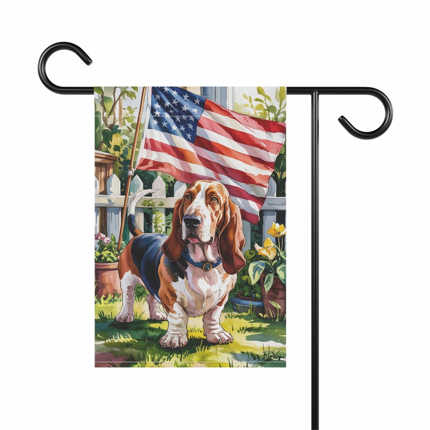 Printify Home Decor Basset Hound Dog Garden Flag, 4th of July, US Flag Yard Outside Decor, Patriotic