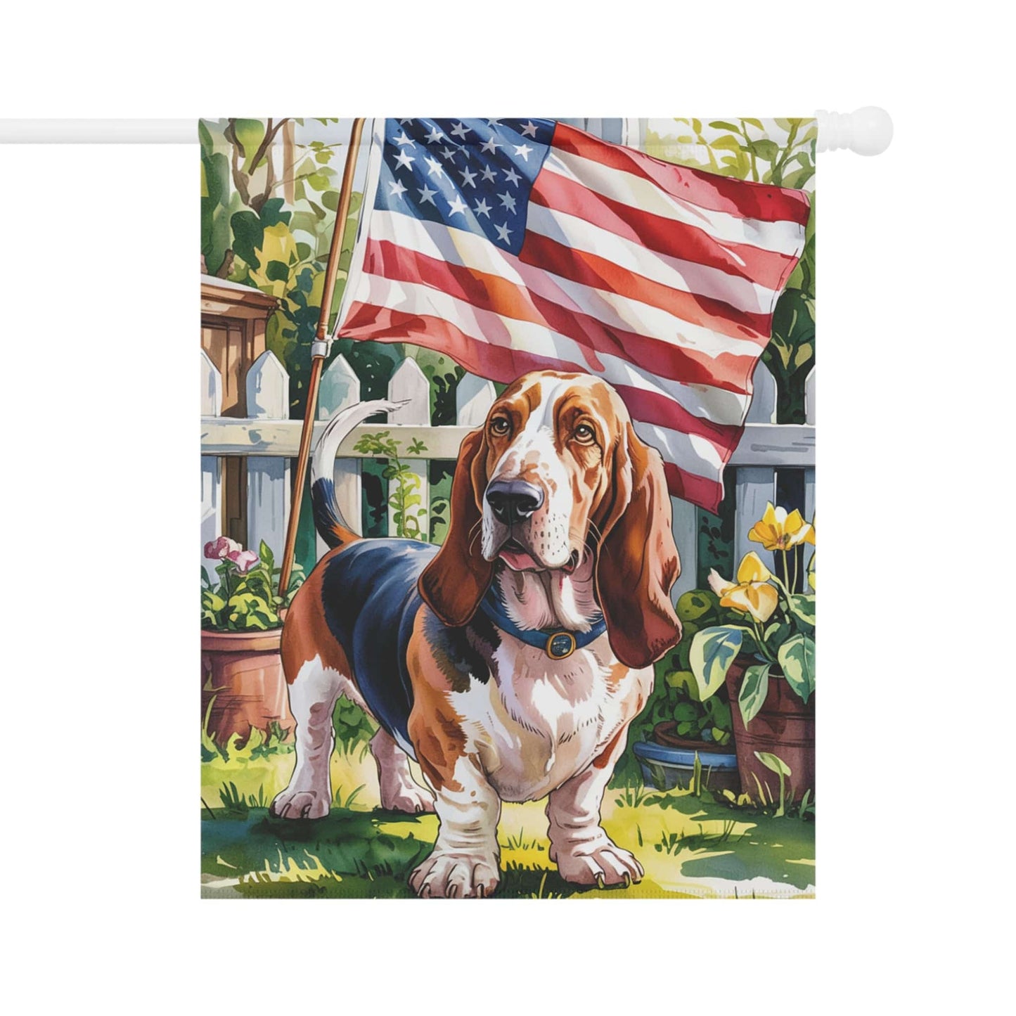 Printify Home Decor 24.5'' × 32'' Basset Hound Dog Garden Flag, 4th of July, US Flag Yard Outside Decor, Patriotic