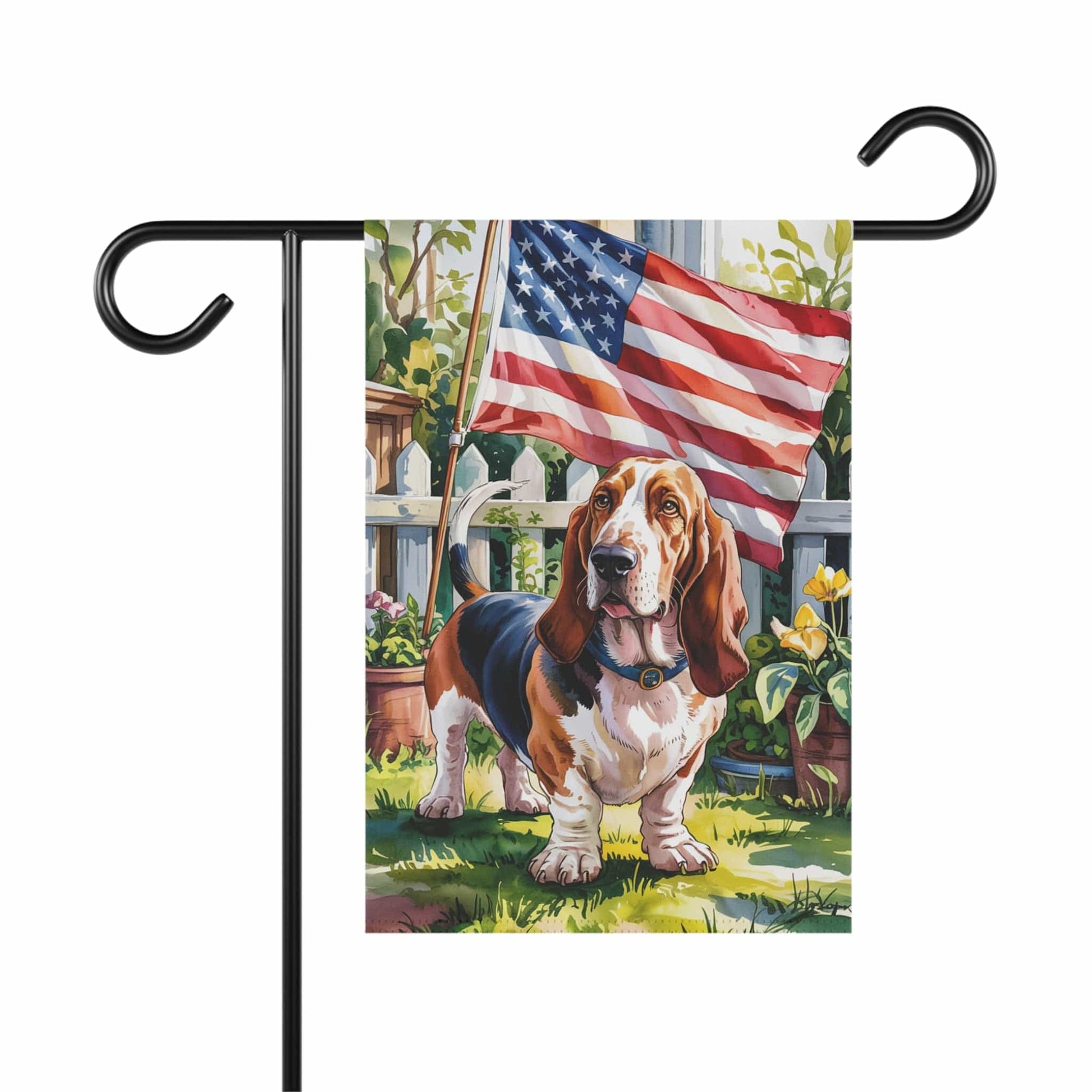 Printify Home Decor 12'' × 18'' Basset Hound Dog Garden Flag, 4th of July, US Flag Yard Outside Decor, Patriotic