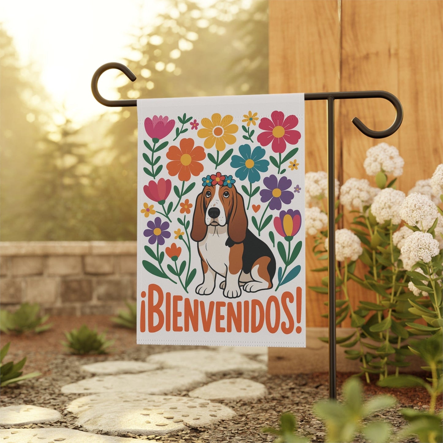 Printify Home Decor Basset Hound Dog Garden Flag, Spanish Front Yard Decor, Outdoor Spring