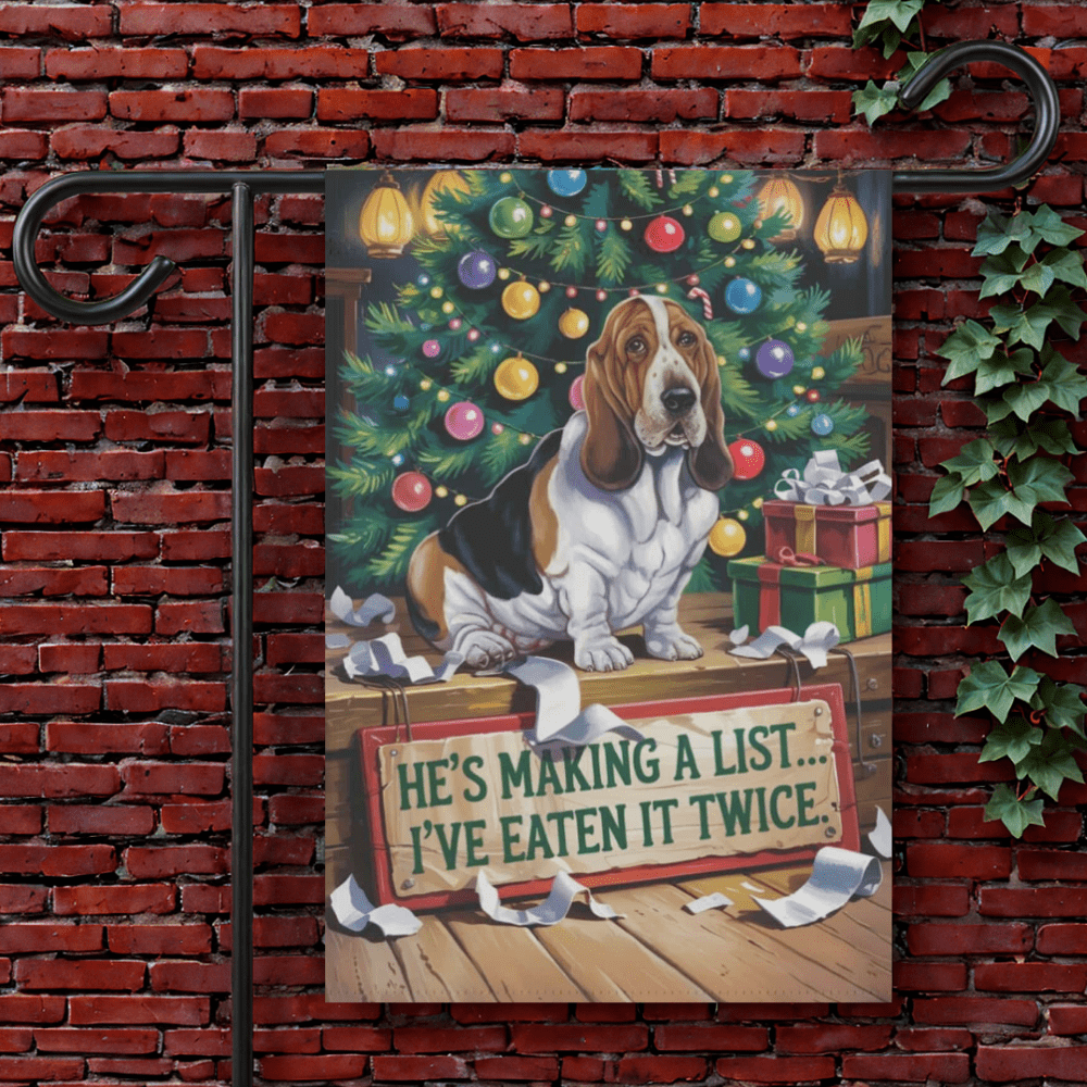 Printify Garden Flag 12'' × 18'' Basset Hound Eating List Garden Flag