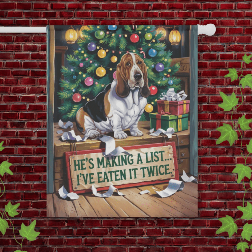 Printify Garden Flag 24.5'' × 32'' Basset Hound Eating List Garden Flag