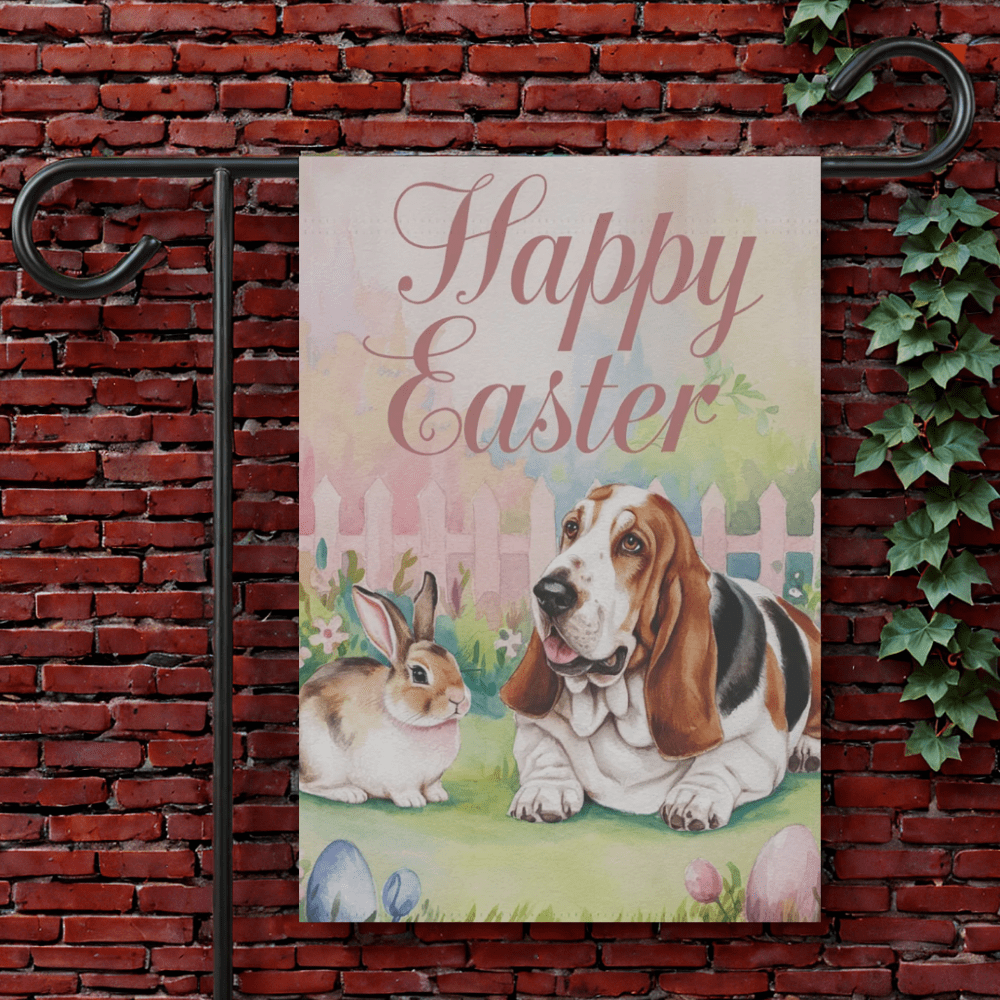 Printify Garden Flag 12'' × 18'' Basset Hound Elegant Easter Garden Flag