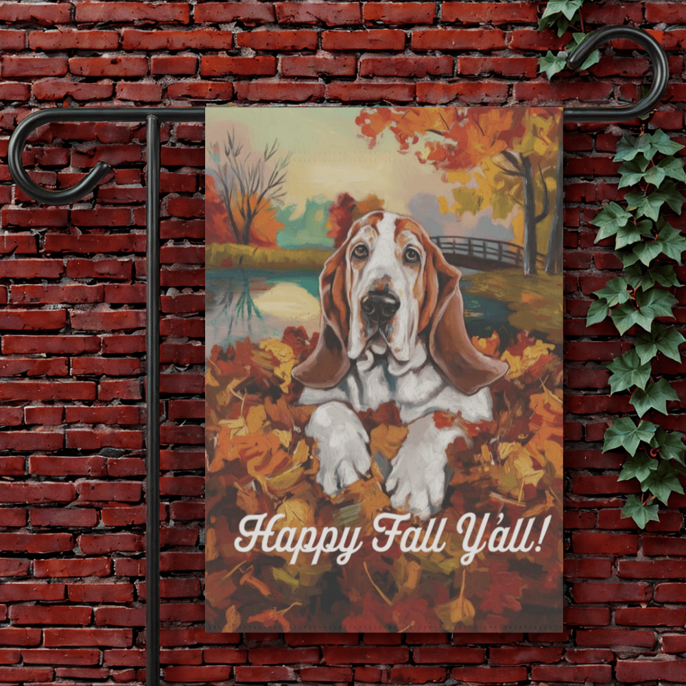 Printify Garden Flag 12'' × 18'' Basset Hound Fall Leaves Garden Flag
