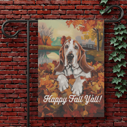 Printify Garden Flag 12'' × 18'' Basset Hound Fall Leaves Garden Flag