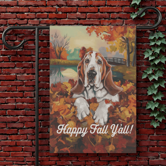 Printify Garden Flag 12'' × 18'' Basset Hound Fall Leaves Garden Flag
