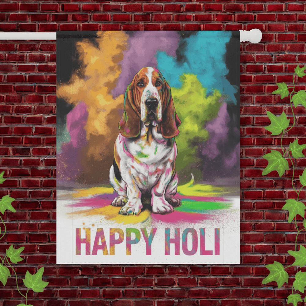 Printify Garden Flag 24.5'' × 32'' Basset Hound Holi Festival Garden Flag