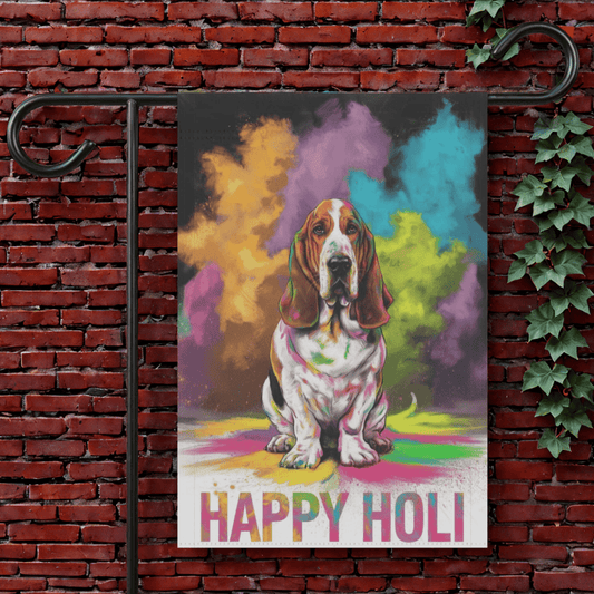 Printify Garden Flag 12'' × 18'' Basset Hound Holi Festival Garden Flag