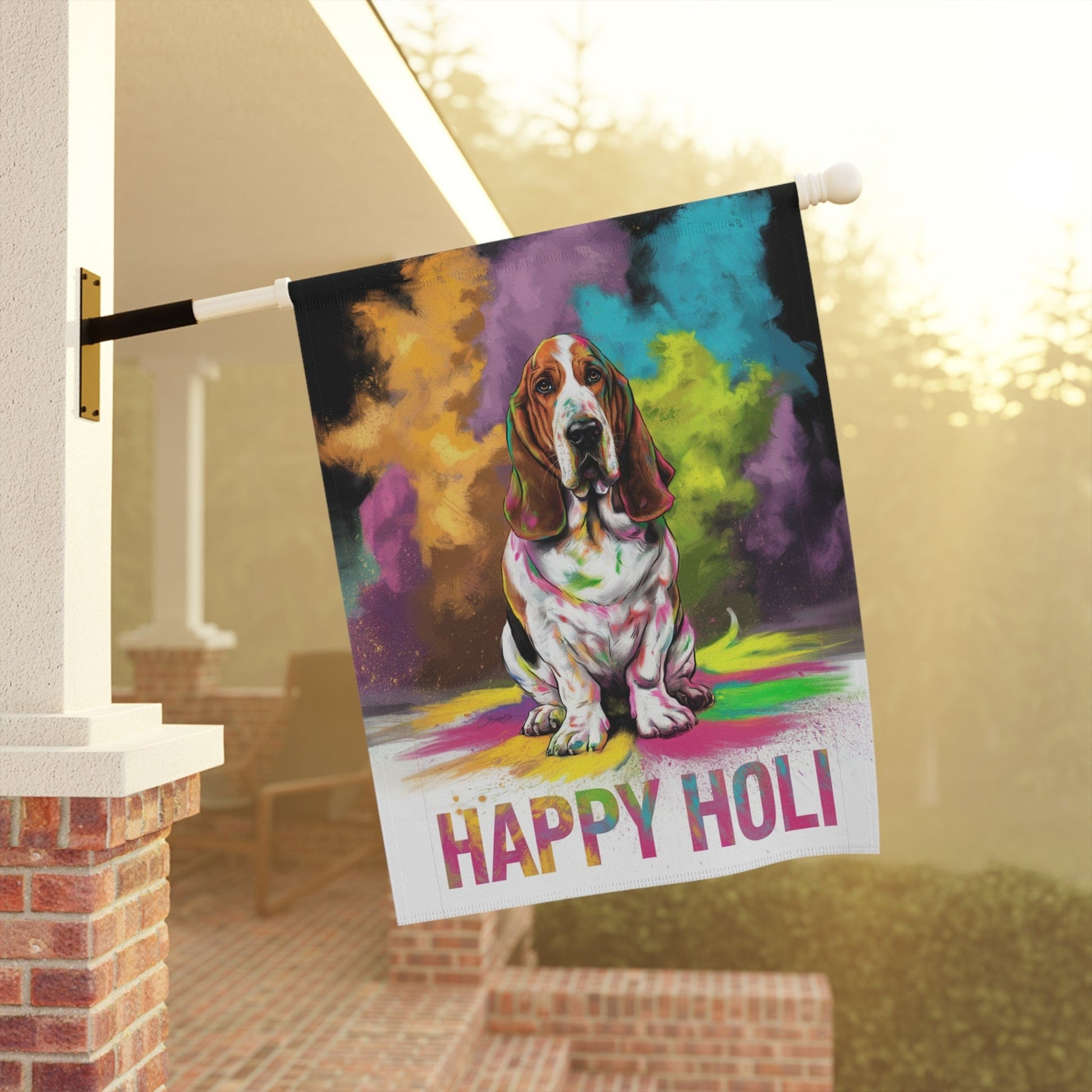 Printify Home Decor Basset Hound Holi Festival Garden Flag, Indian Celebrations Funny Dog Lovers