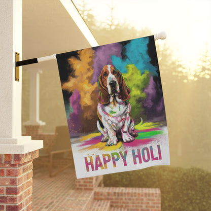 Printify Home Decor Basset Hound Holi Festival Garden Flag, Indian Celebrations Funny Dog Lovers
