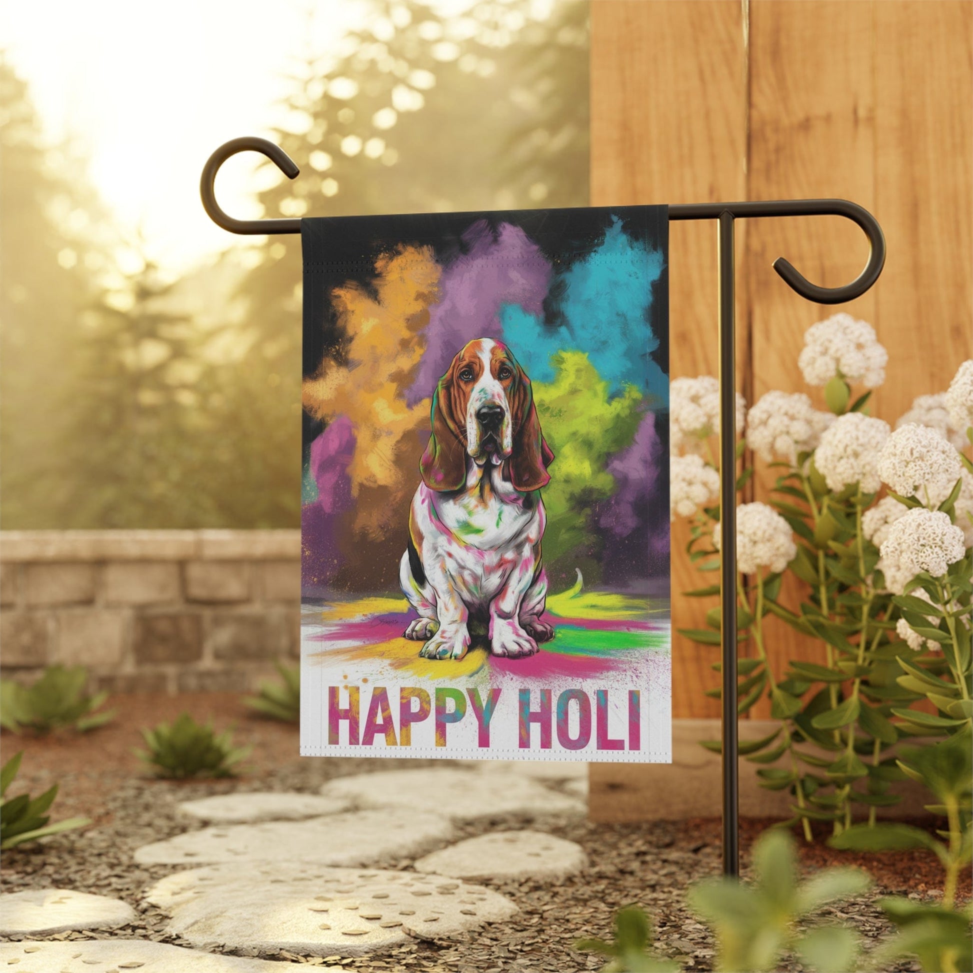 Printify Home Decor Basset Hound Holi Festival Garden Flag, Indian Celebrations Funny Dog Lovers