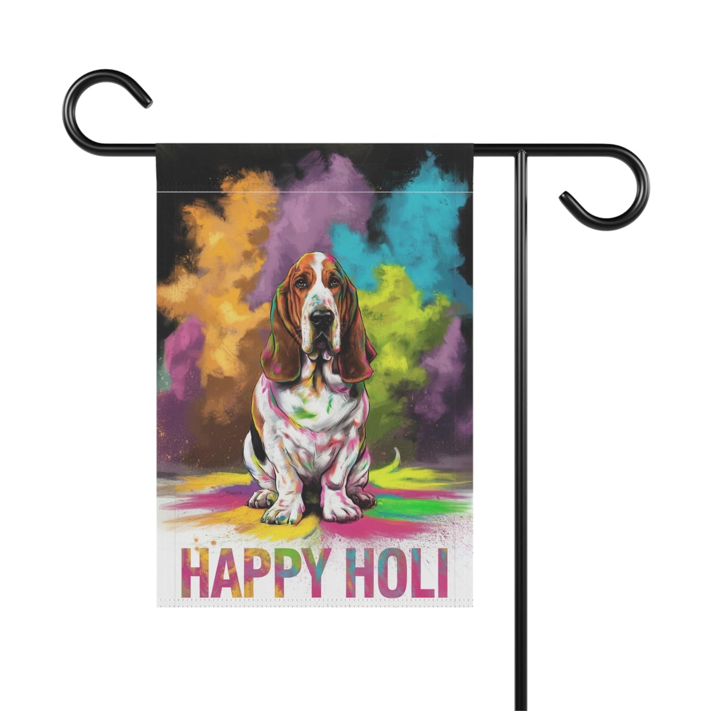 Printify Home Decor Basset Hound Holi Festival Garden Flag, Indian Celebrations Funny Dog Lovers