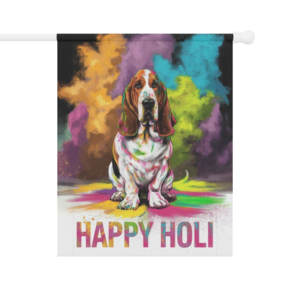 Printify Home Decor 24.5'' × 32'' Basset Hound Holi Festival Garden Flag, Indian Celebrations Funny Dog Lovers