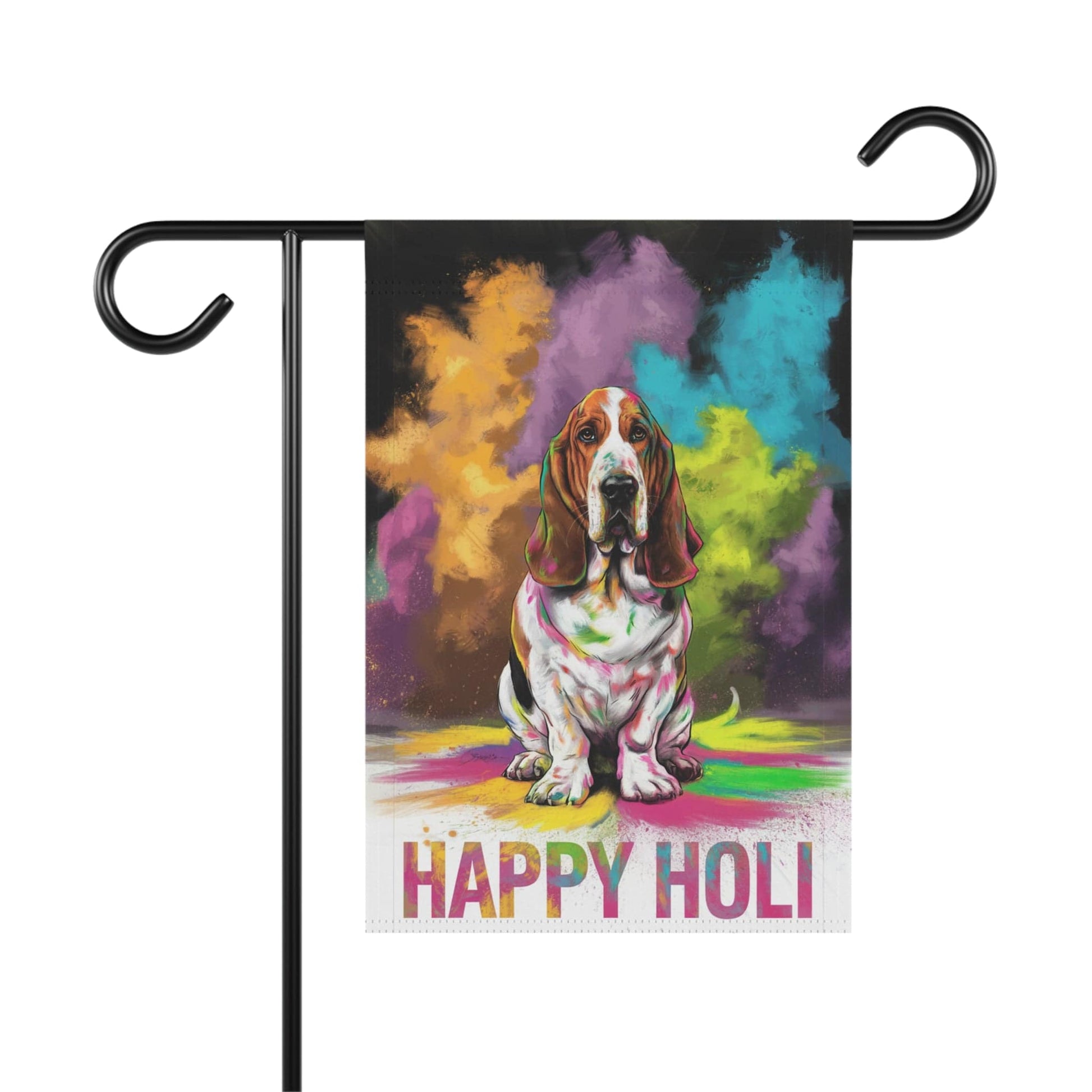 Printify Home Decor 12'' × 18'' Basset Hound Holi Festival Garden Flag, Indian Celebrations Funny Dog Lovers