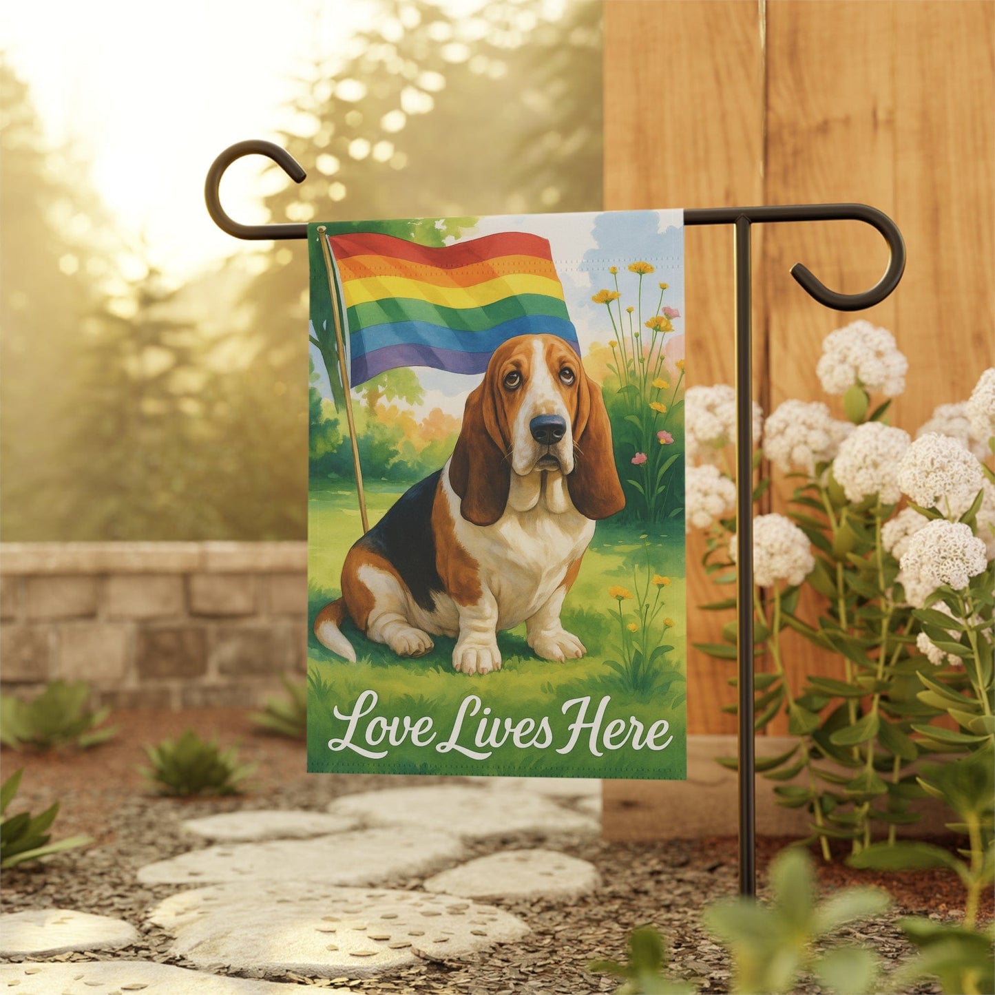 Printify Garden Flag Basset Hound LGBTQ+ Garden Flag