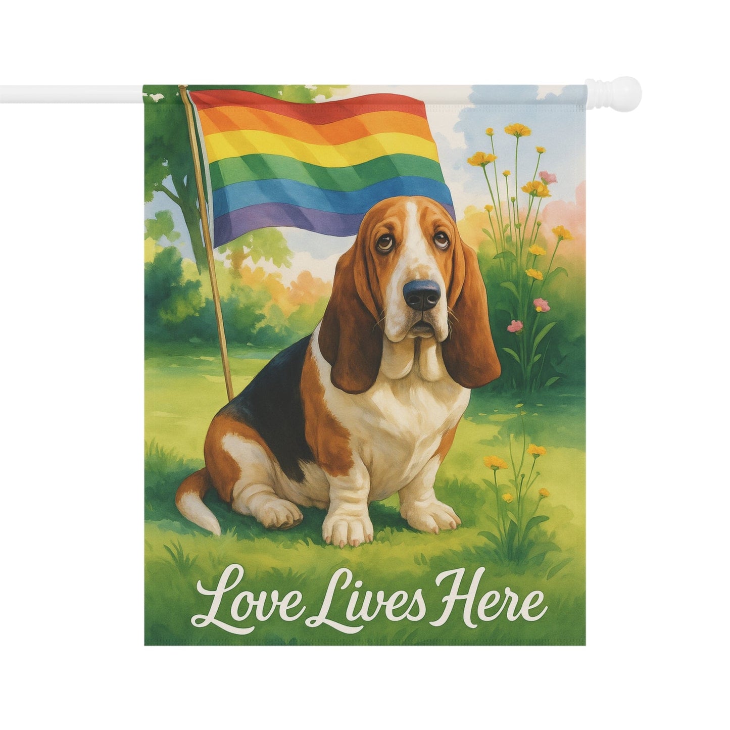 Printify Garden Flag Basset Hound LGBTQ+ Garden Flag