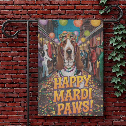 Printify Garden Flag 12'' × 18'' Basset Hound Mari Gras Garden Flag