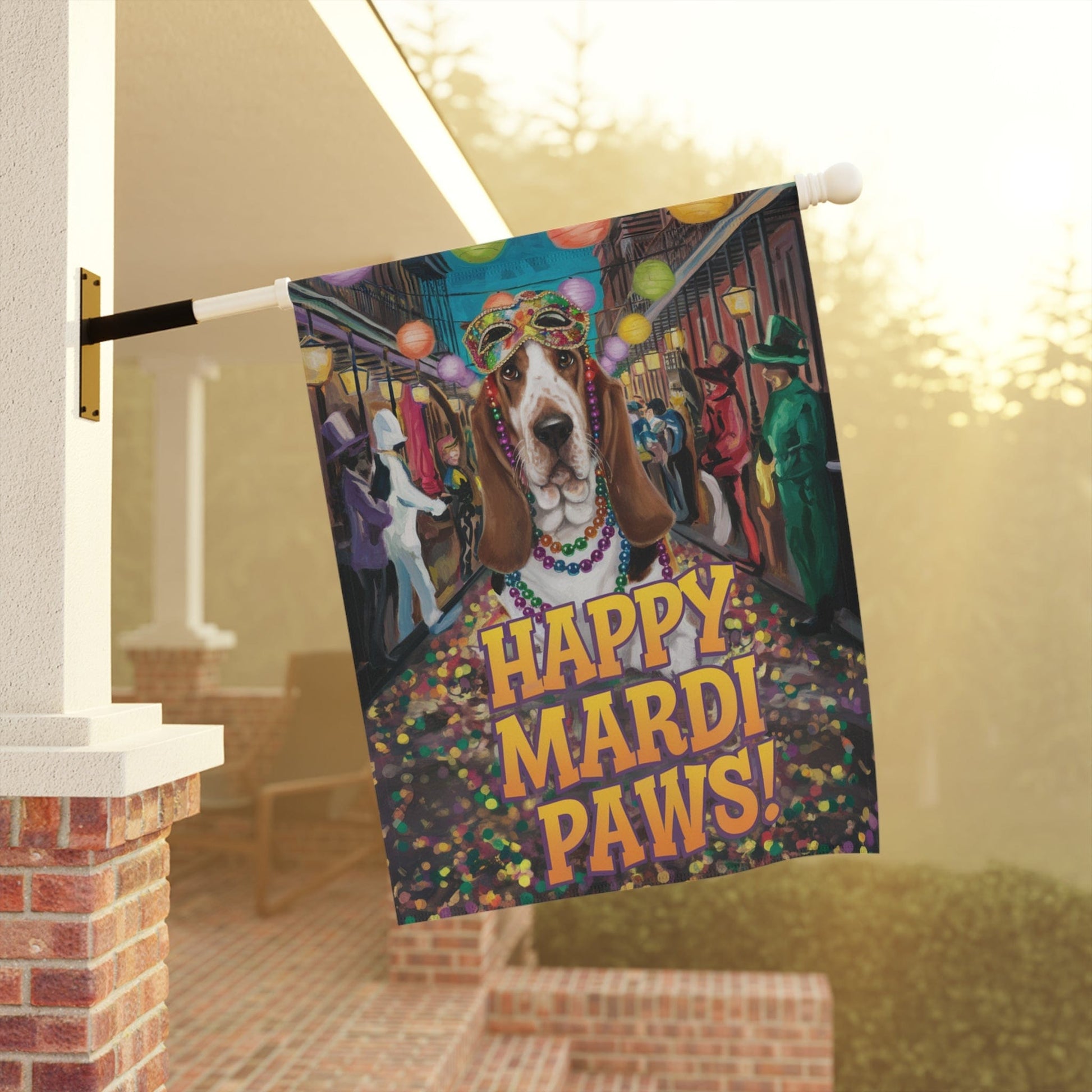 Printify Garden Flag Basset Hound Mari Gras Garden Flag