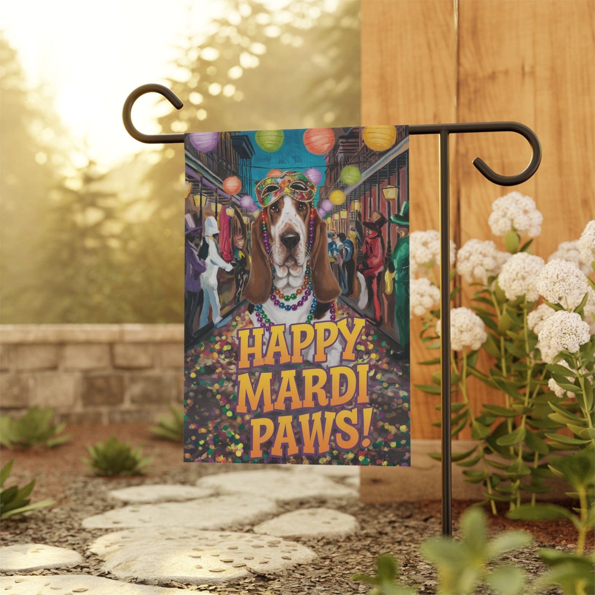 Printify Garden Flag Basset Hound Mari Gras Garden Flag