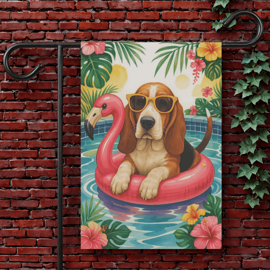 Printify Garden Flag 12'' × 18'' Basset Hound Pool Party Garden Flag