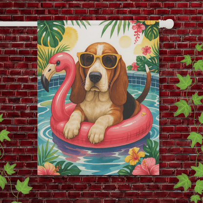 Printify Garden Flag 24.5'' × 32'' Basset Hound Pool Party Garden Flag