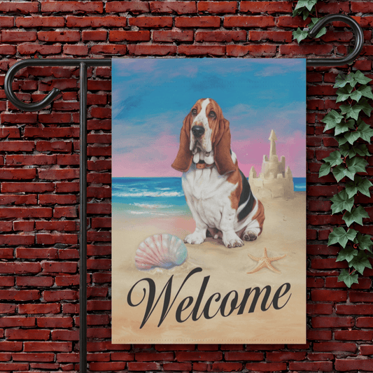 Printify Garden Flag 12'' × 18'' Basset Hound Sand Castle Garden Flag
