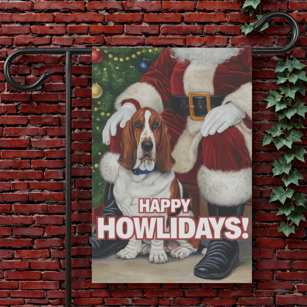 Printify Garden Flag 12'' × 18'' Basset Hound Santa Clause Garden Flag