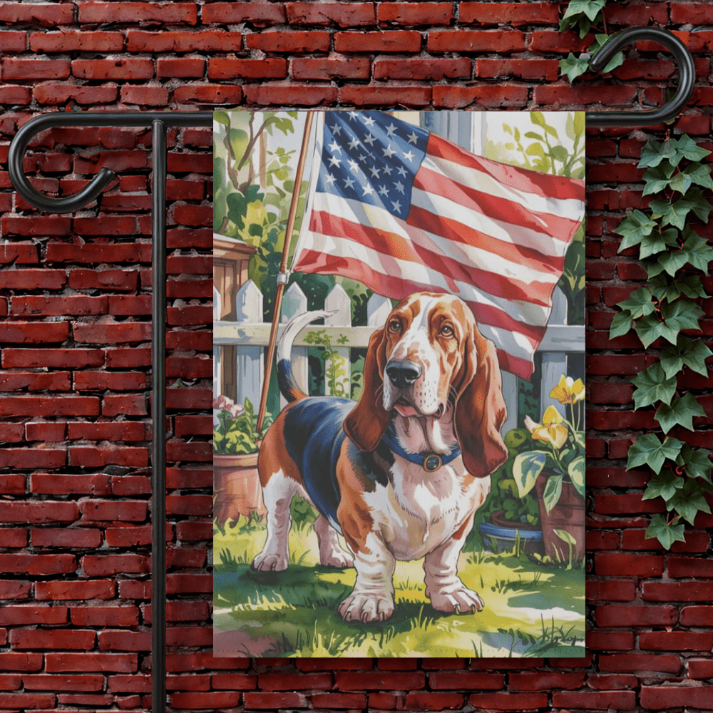 Printify Garden Flag 12'' × 18'' Basset Hound USA Garden Flag