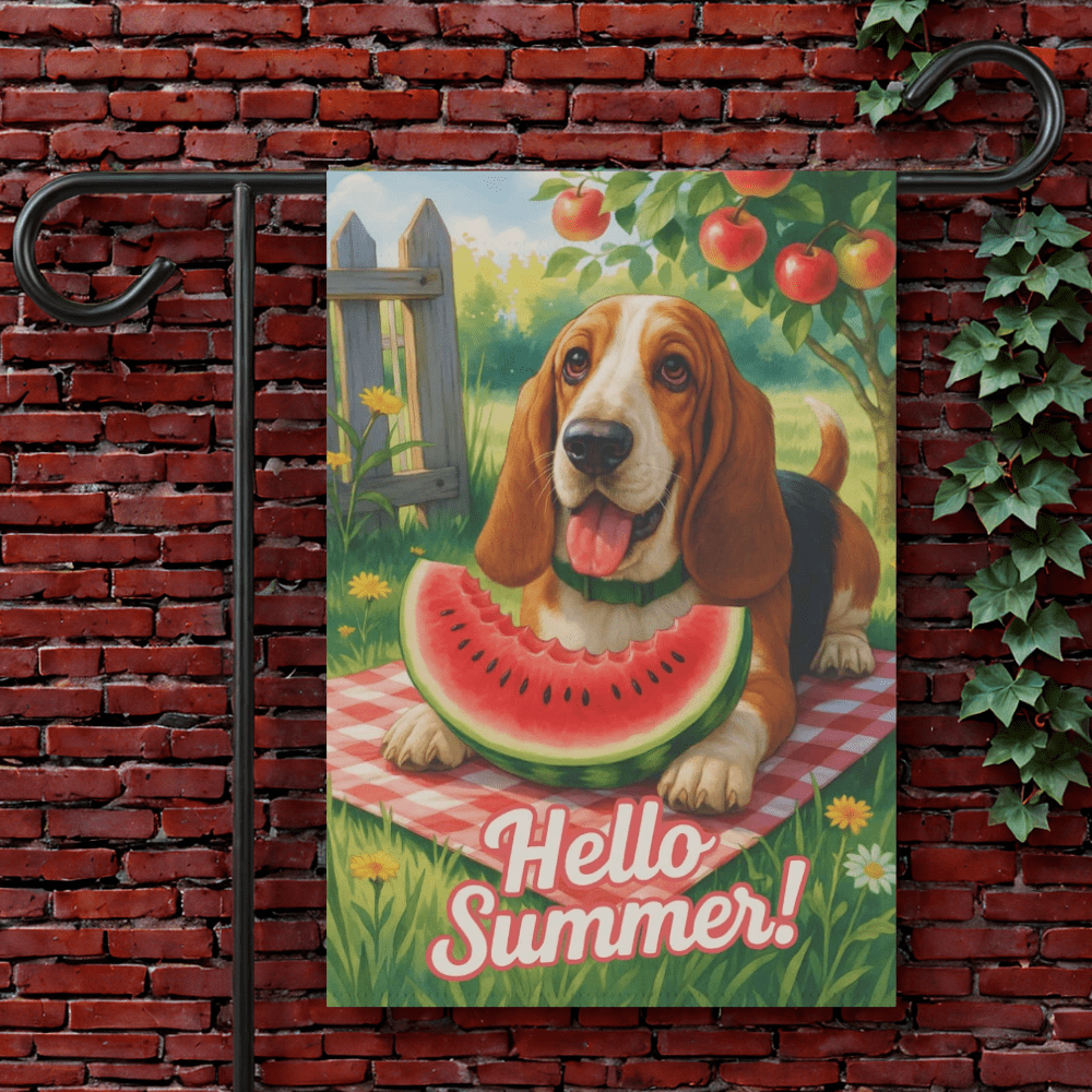 Printify Garden Flag 12'' × 18'' Basset Hound Watermelon Garden Flag