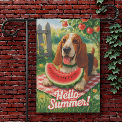 Printify Garden Flag 12'' × 18'' Basset Hound Watermelon Garden Flag