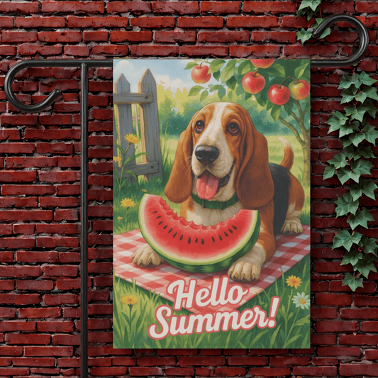 Printify Garden Flag 12'' × 18'' Basset Hound Watermelon Garden Flag