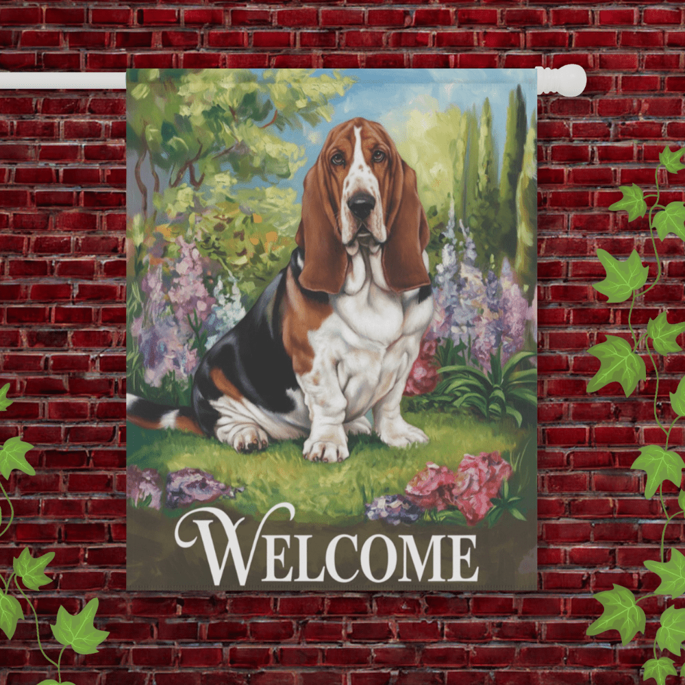 Printify Garden Flag 24.5'' × 32'' Basset Hound Welcome Garden Flag