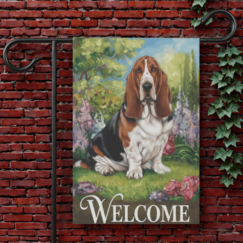 Printify Garden Flag 12'' × 18'' Basset Hound Welcome Garden Flag