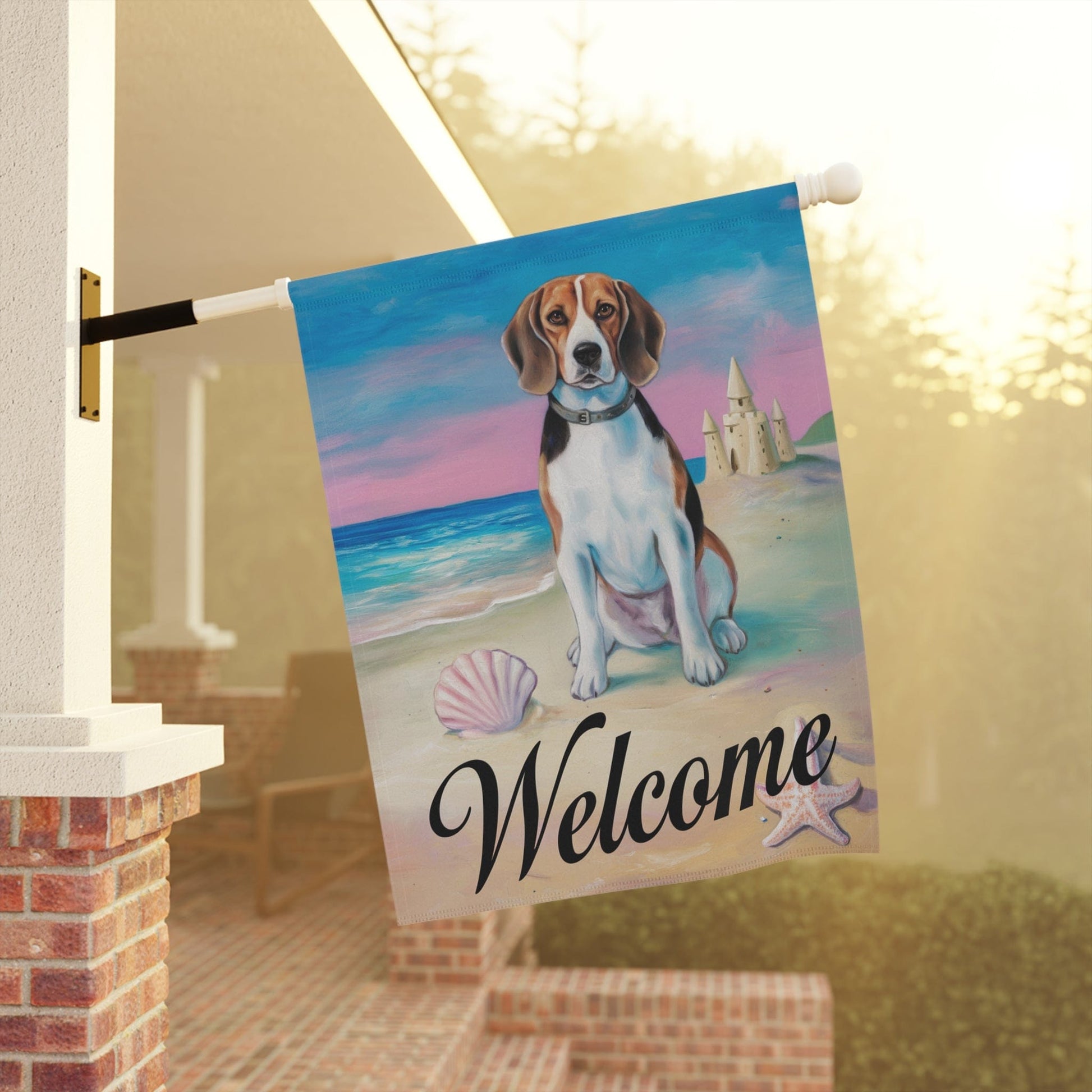 Printify Home Decor Beagle Beach Yard Decor, Nautical Beach Dog Gift, Housewarming Banner, Dog Mom Dad