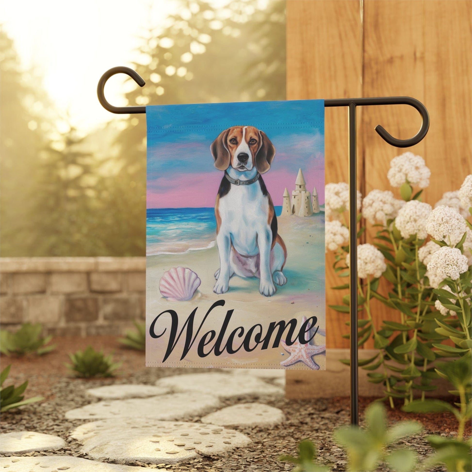 Printify Home Decor Beagle Beach Yard Decor, Nautical Beach Dog Gift, Housewarming Banner, Dog Mom Dad