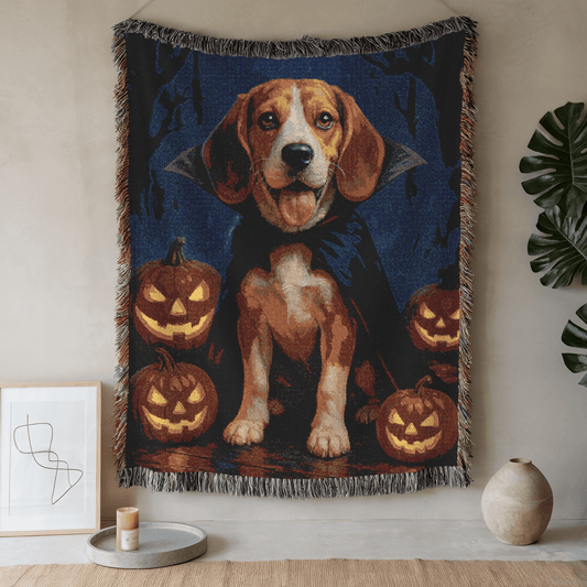 Printify Blanket 52'' × 37'' Beagle Halloween Vampire Woven Blanket