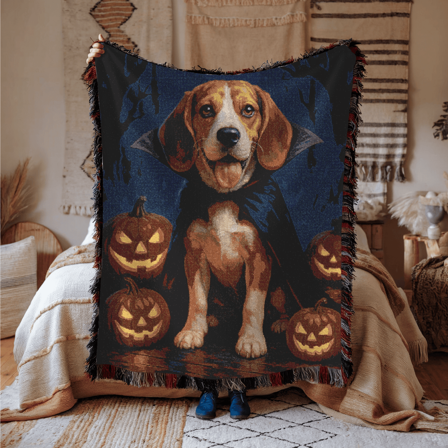 Printify Blanket Beagle Halloween Vampire Woven Blanket