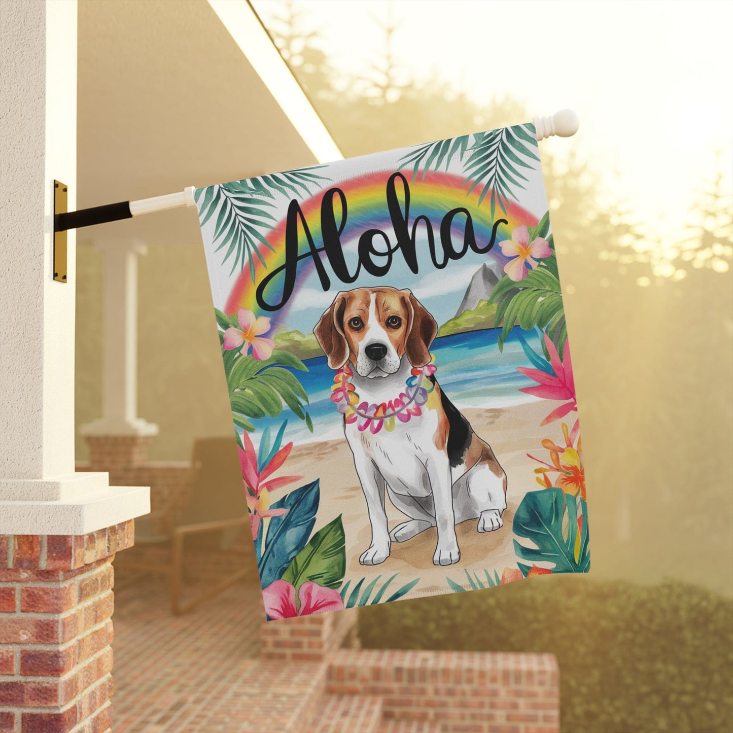 Printify Home Decor Beagle Hawaii Garden Flag, Dog Aloha Luau Party Decorations, Tropical Hawaiian