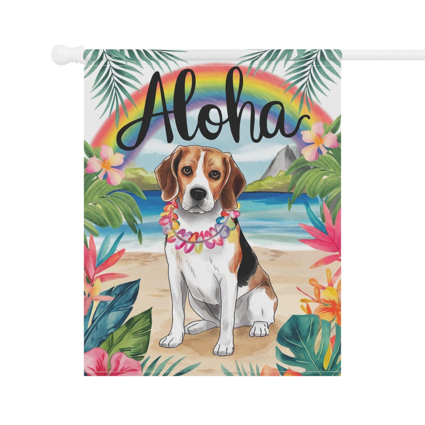 Printify Home Decor Beagle Hawaii Garden Flag, Dog Aloha Luau Party Decorations, Tropical Hawaiian