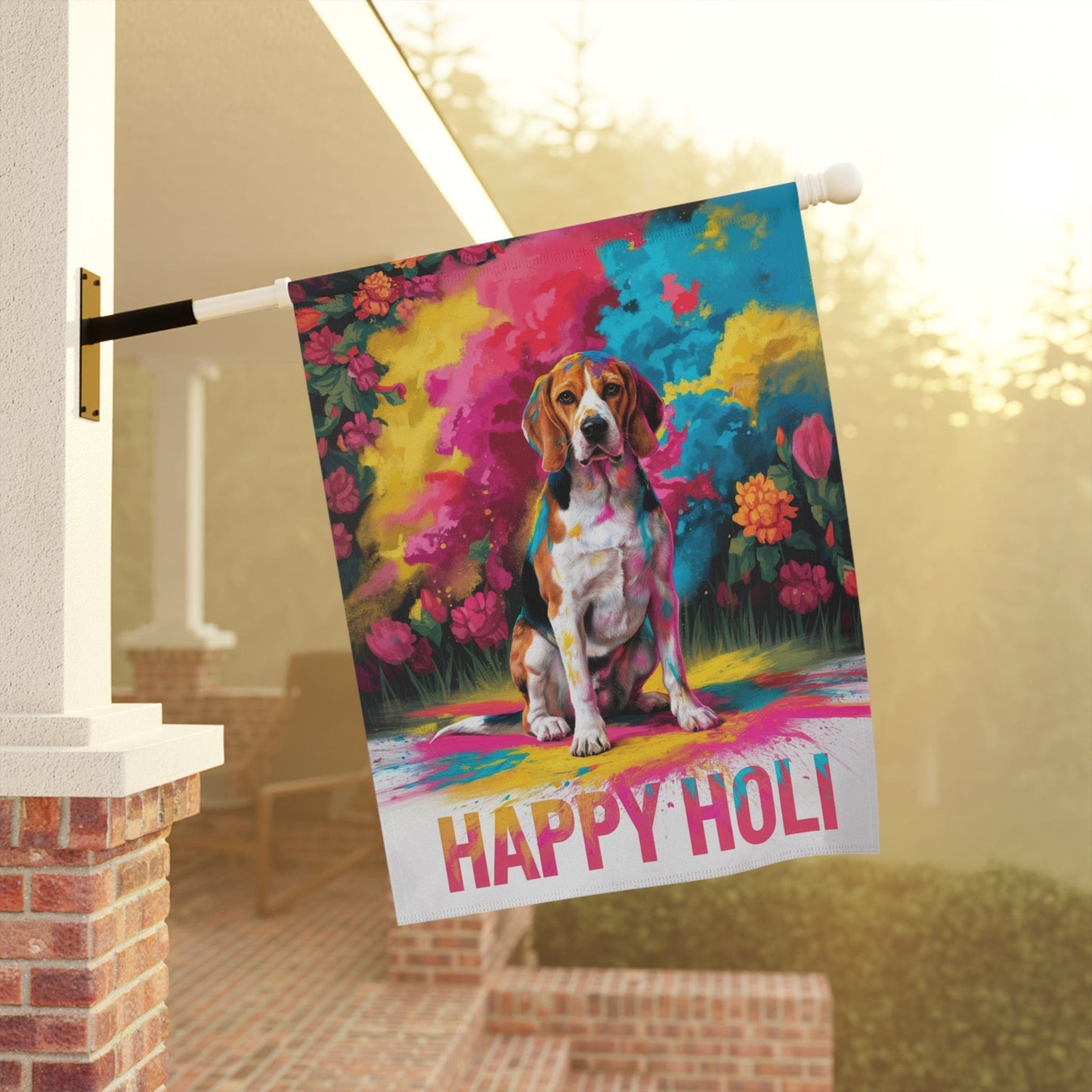 Printify Home Decor Beagle Holi Festival Garden Flag, Indian Celebrations Funny Hound Dog