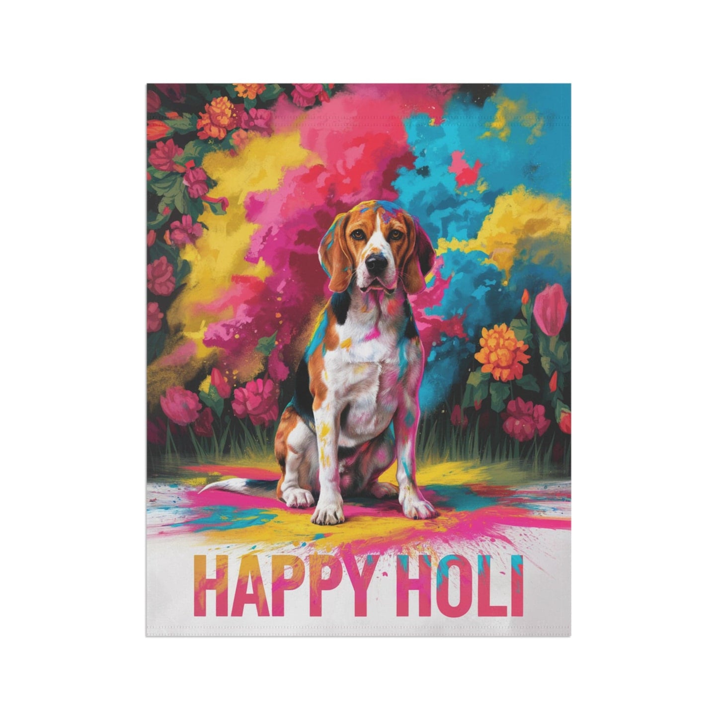 Printify Home Decor Beagle Holi Festival Garden Flag, Indian Celebrations Funny Hound Dog