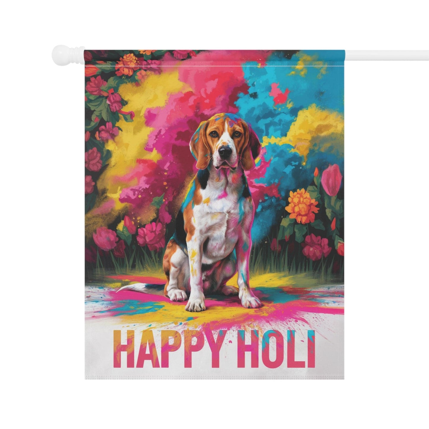 Printify Home Decor Beagle Holi Festival Garden Flag, Indian Celebrations Funny Hound Dog
