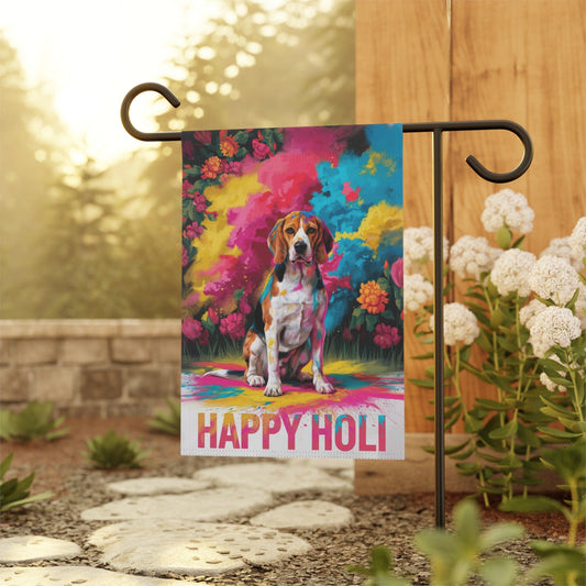 Printify Home Decor Beagle Holi Festival Garden Flag, Indian Celebrations Funny Hound Dog