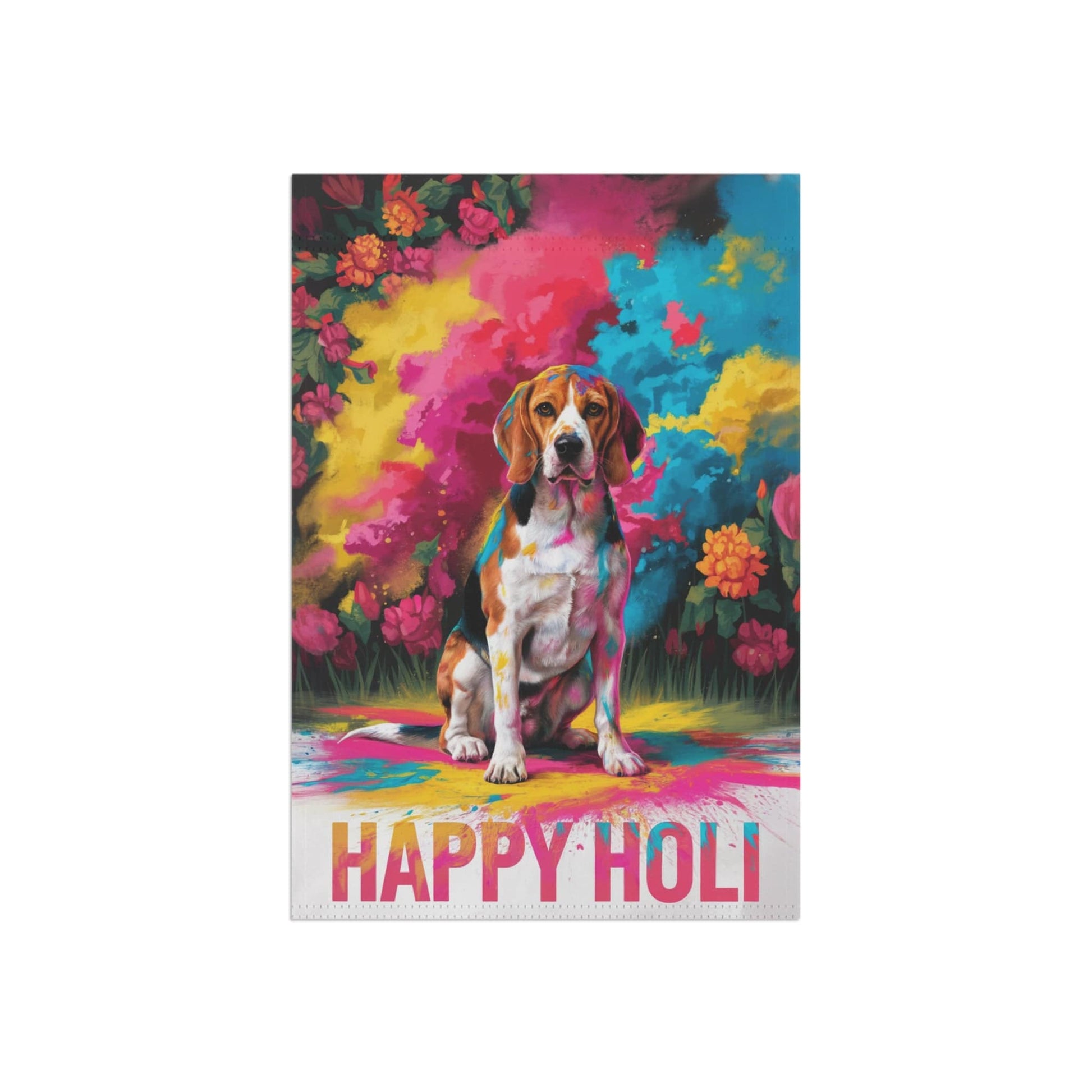 Printify Home Decor Beagle Holi Festival Garden Flag, Indian Celebrations Funny Hound Dog